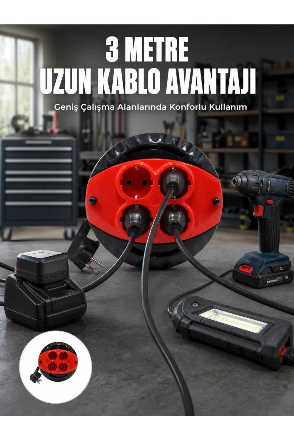 3 Metre Kablolu 4’lü Kırmızı Priz Makara