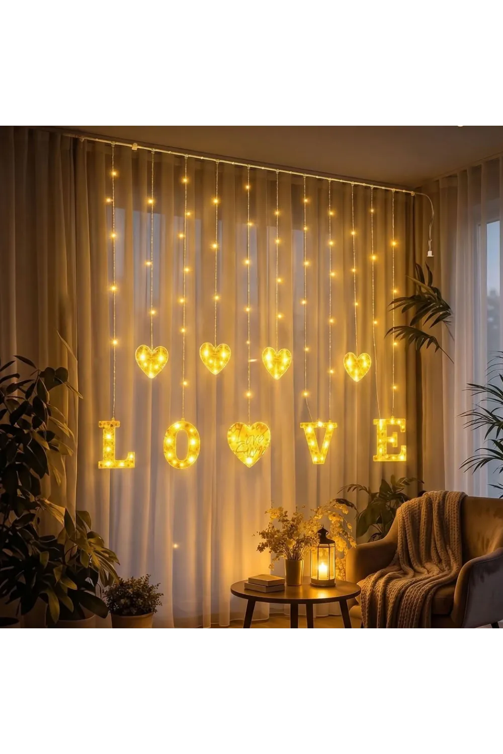 3 Metre Perde Led Işık - 8 Modlu Kalp ve LOVE Figürlü Dekoratif Animasyonlu Led