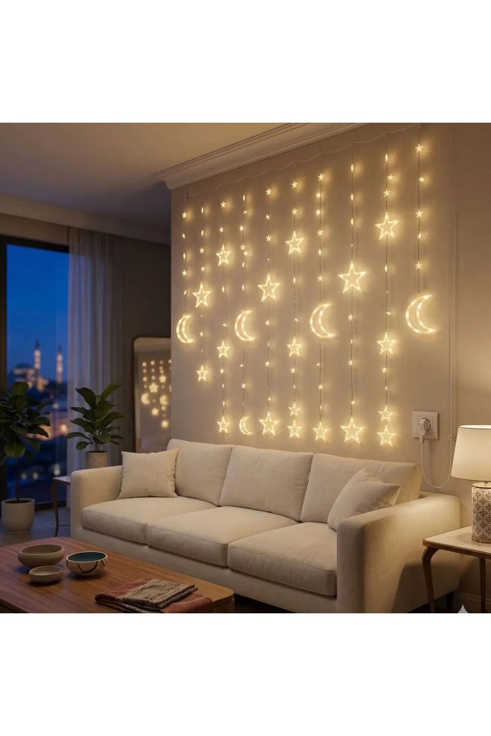 3 Metre Perde LED Işık Zinciri - Yıldız ve Ay Figürlü Sarı Işık Uç Uca Eklenebilir