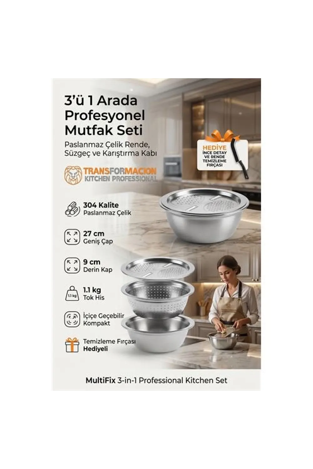 3ü 1 Arada Profesyonel Mutfak Seti - Paslanmaz Çelik Rende, Süzgeç ve Karıştırma Kabı (27 cm) 723296