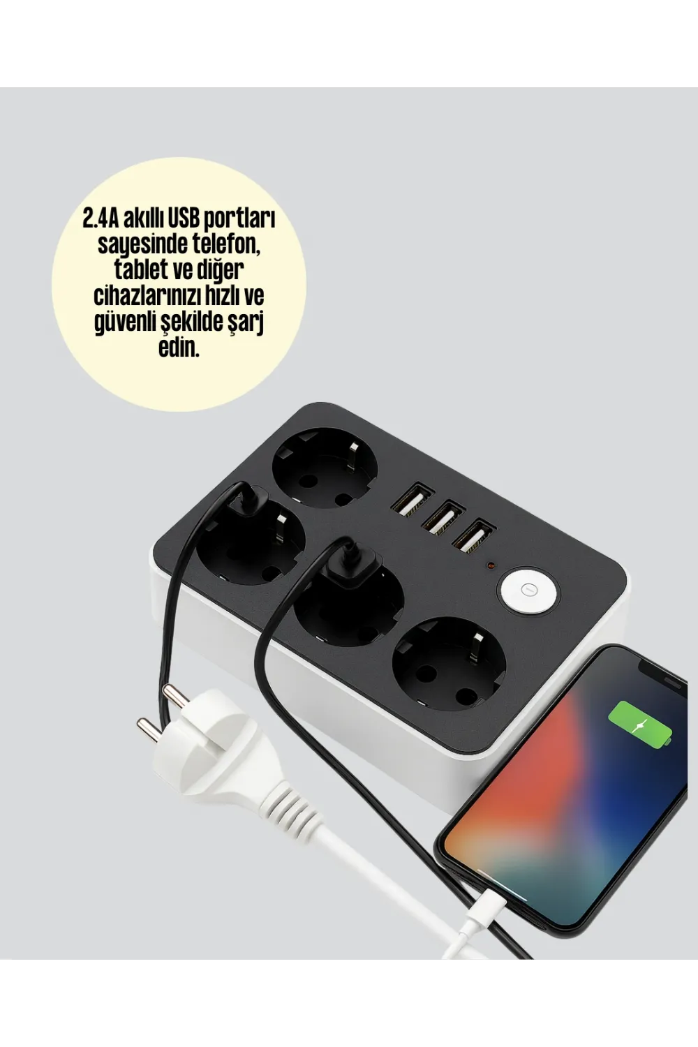 3 Usb Çıkışlı 4’lü Akıllı Priz 2500w 2 Metre Kablo