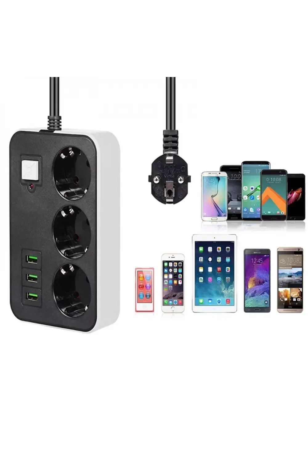 3 Usb’li 3’lü 1.8 M Akım Korumalı Priz