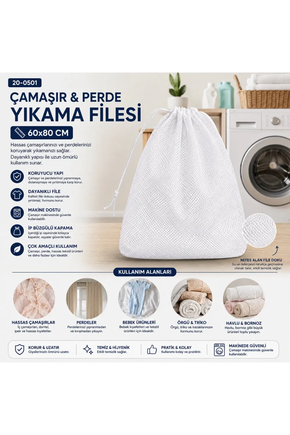 30 Adet 60x80cm Çamaşır - Perde Yıkama Filesi