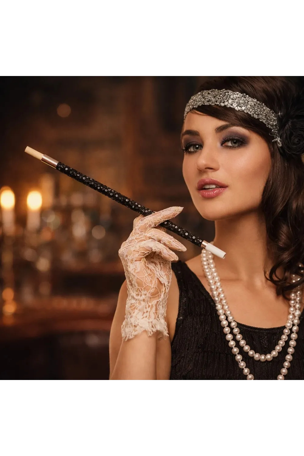 30 cm Siyah Payetli Sigara Tutacağı – 1920’ler Gatsby Parti Aksesuarı