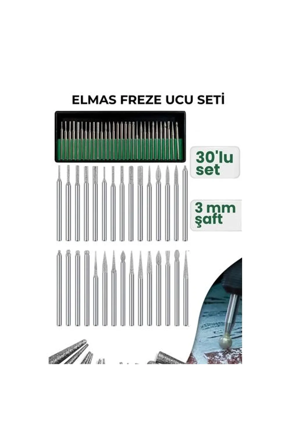 30 Parça Elmas Freze Ucu Seti - 3mm Şaft Profesyonel Gravür, Oyma ve Hassas Taşlama Seti