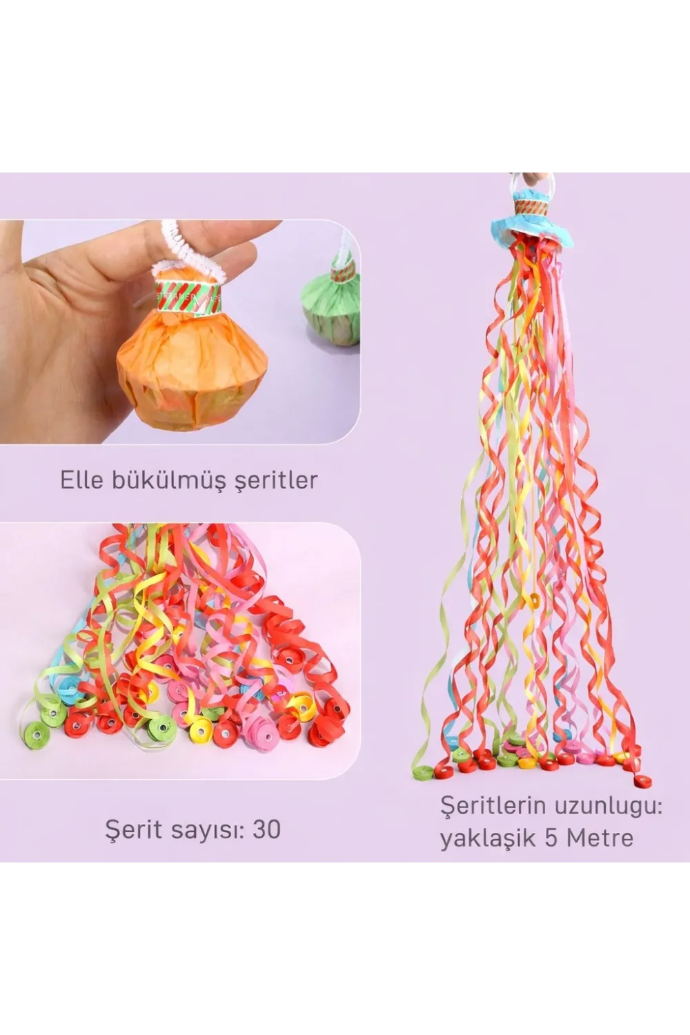 30 Şeritli Renkli Elle Atılan Konfeti – 5 Metre Uzayan Şerit Konfeti 1 Adet