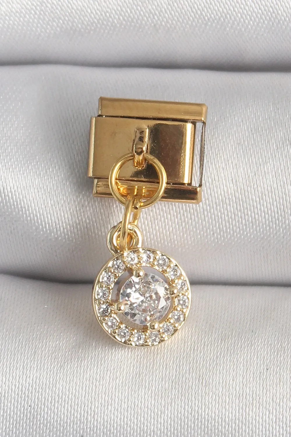 ietaks™ 316L Çelik Gold Renk Sallantı Daire Zirkon Taşlı Nomination Charm