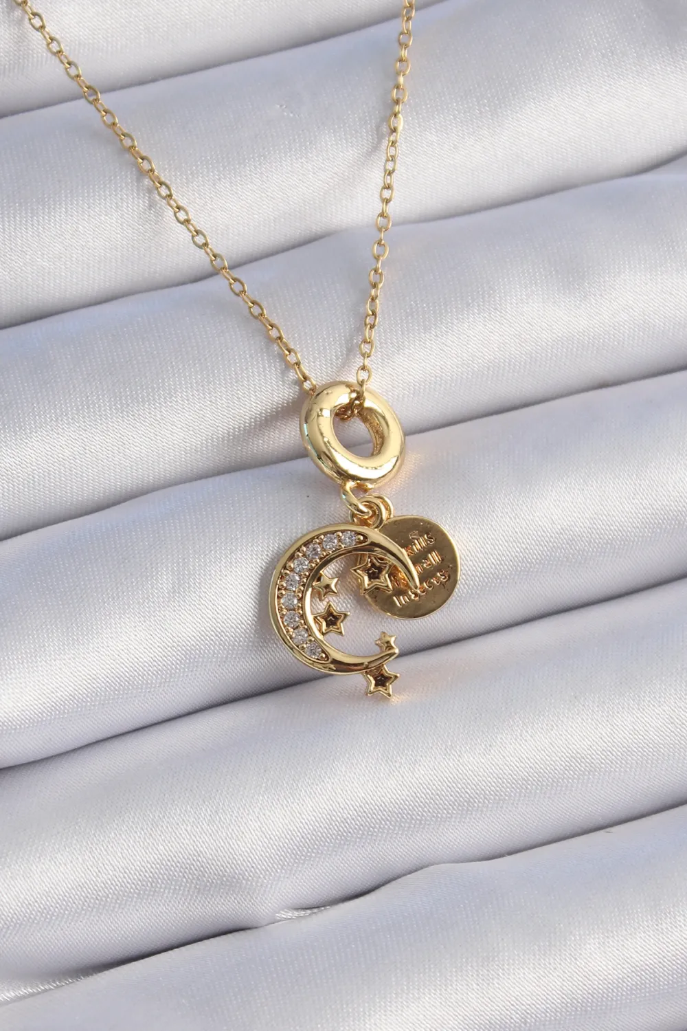 ietaks™ 316L Çelik Gold Renk Zirkon Taşlı Ay Yıldız  Model Charm Model Kadın Kolye