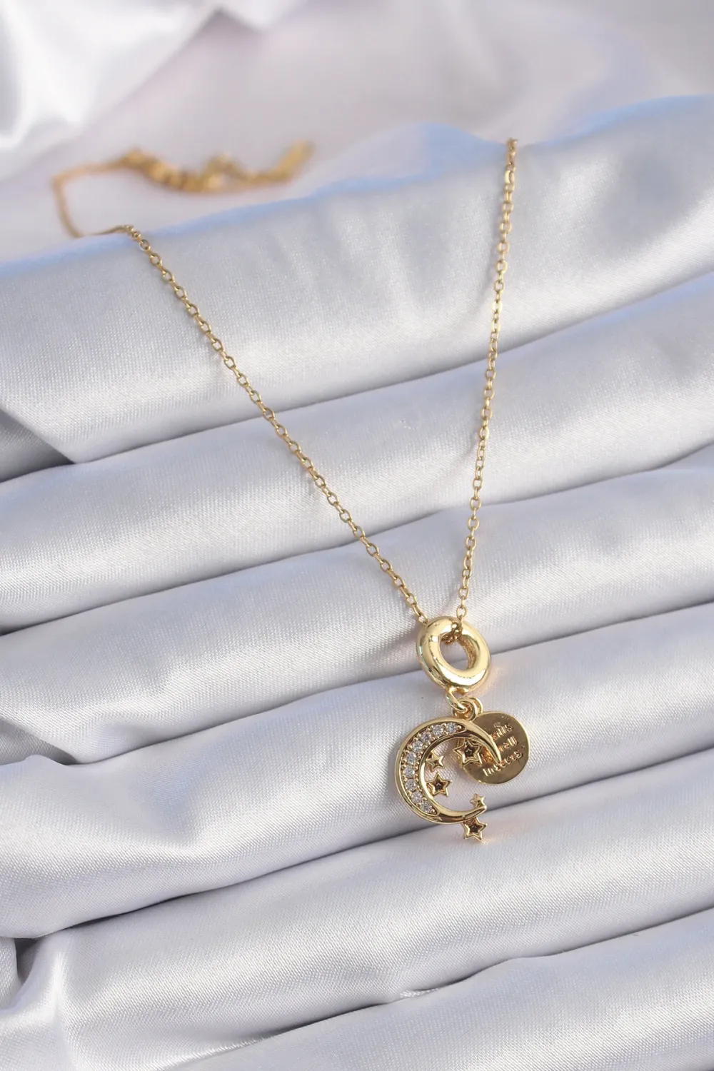 ietaks™ 316L Çelik Gold Renk Zirkon Taşlı Ay Yıldız  Model Charm Model Kadın Kolye