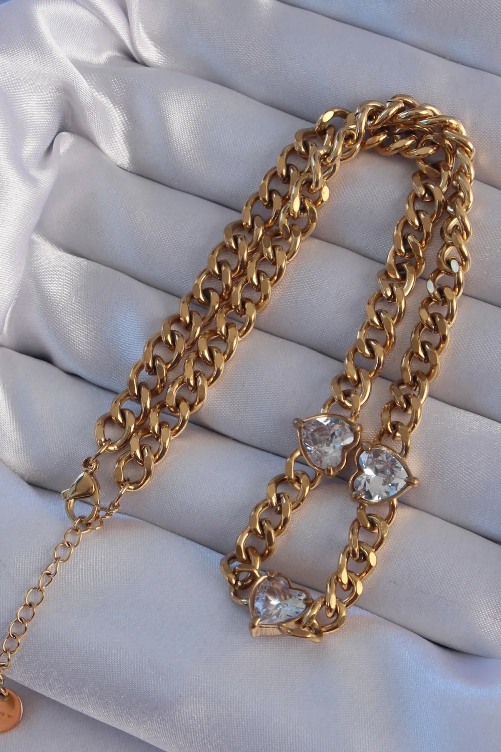 ietaks™ 316L Çelik Gold Renk Zirkon Taşlı Kalp Model Zincir Kolye