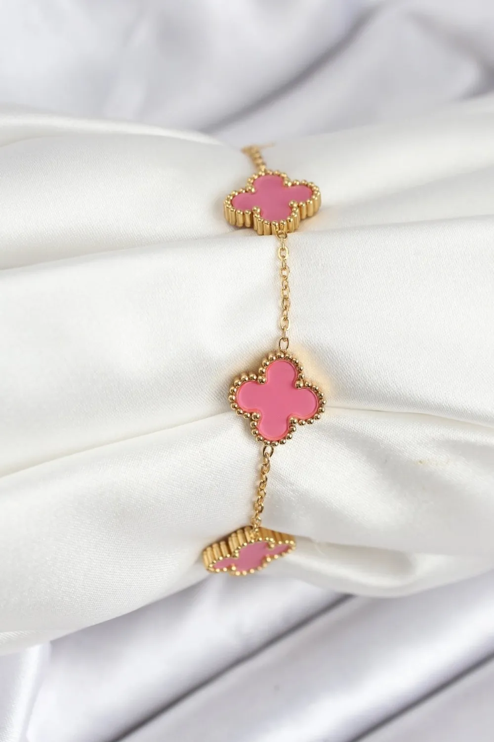 ietaks™ 316L Çelik Gold Zincir Pembe Yonca Renk Bileklik