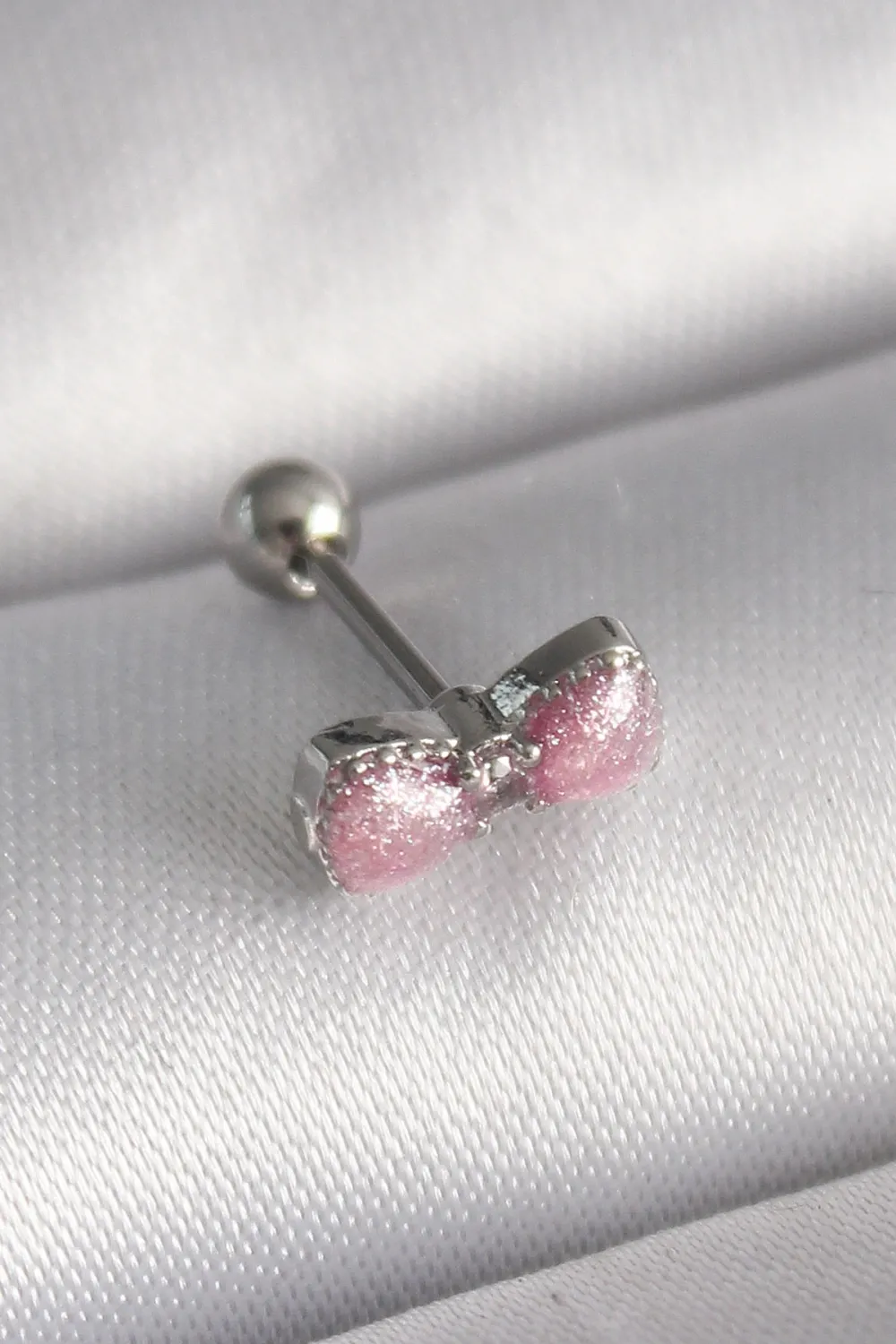 ietaks™ 316L Çelik Gümüş Renk Pembe Kurdele Zirkon Taş Detay Tragus Piercing