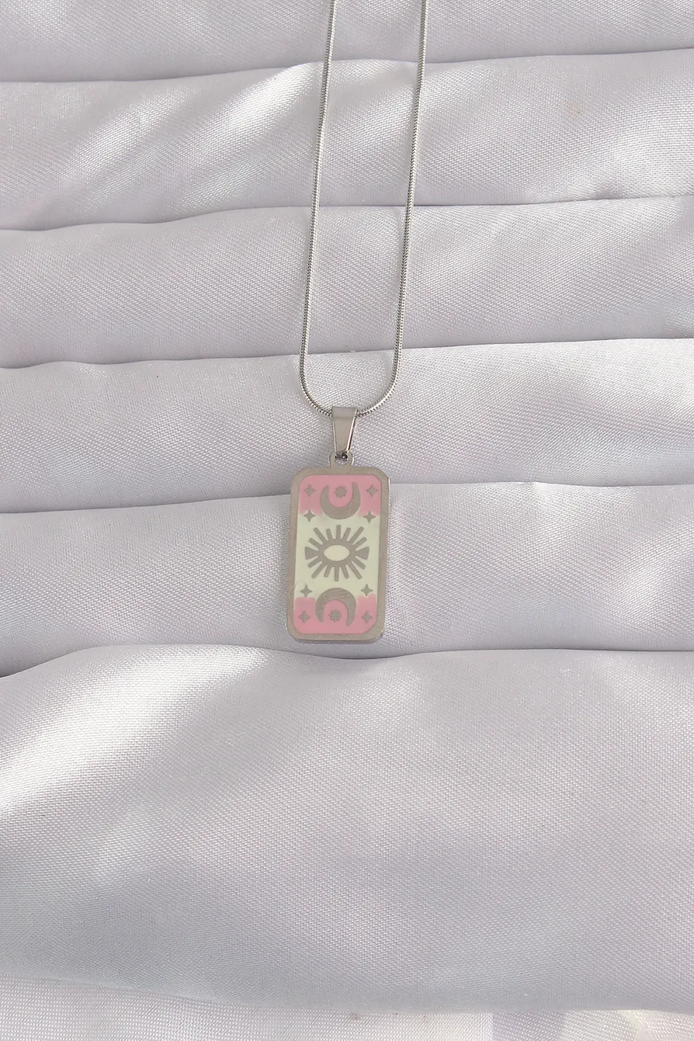 ietaks™ 316L Çelik Gümüş Renk Pembe Mineli Ay Figür Tarot Kolye