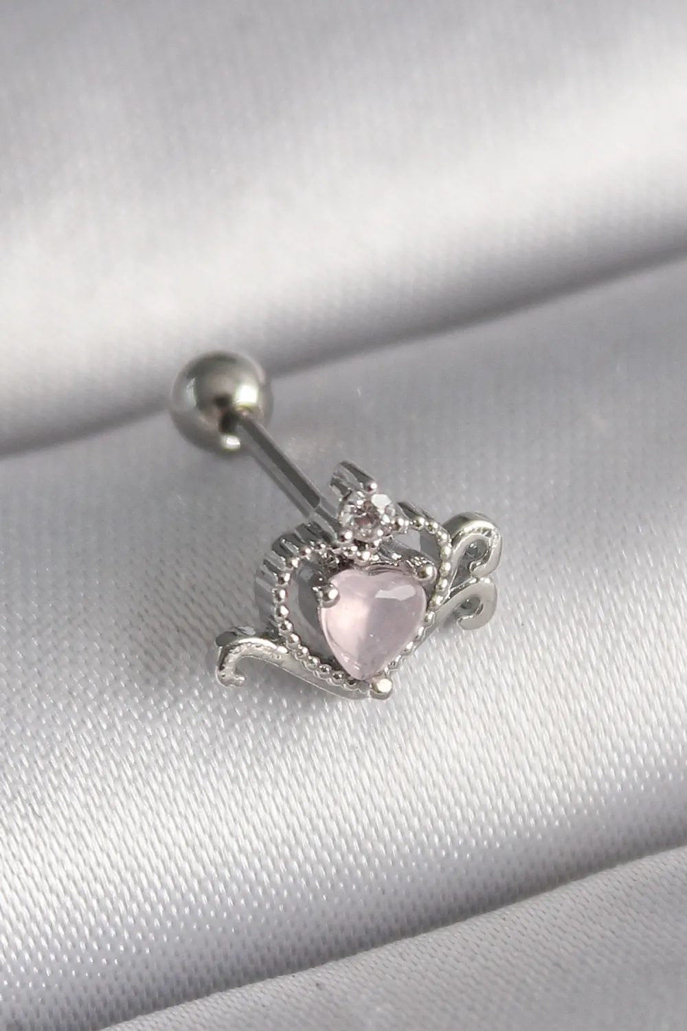 ietaks™ 316L Çelik Gümüş Renk Pembe Mineli Kalp Zirkon Taş Detay Tragus Piercing