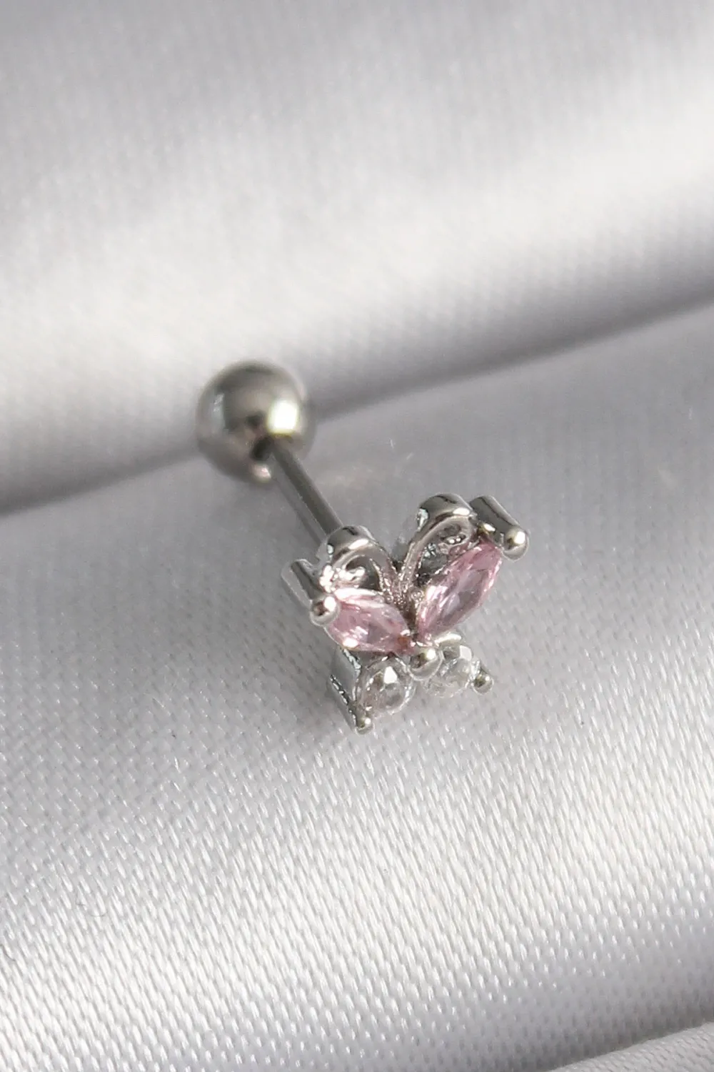 ietaks™ 316L Çelik Gümüş Renk Pembe Zirkon Taşlı Kelebek Tragus Piercing
