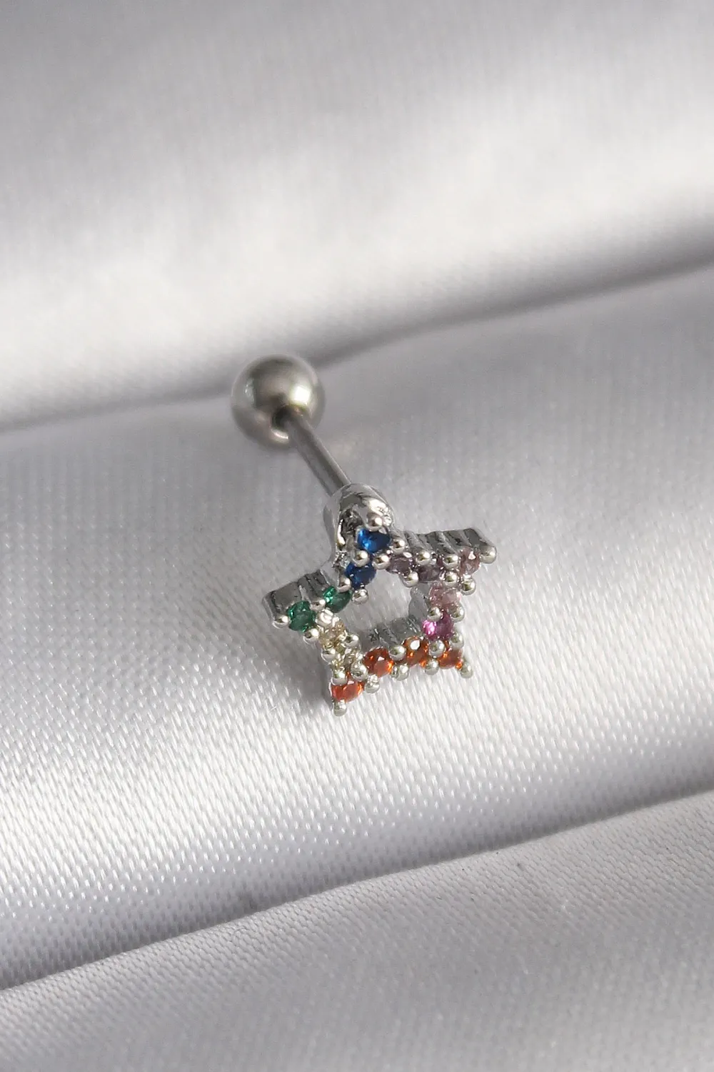 ietaks™ 316L Çelik Gümüş Renk Renkli Zirkon Taşlı Yıldız Model Tragus Piercing