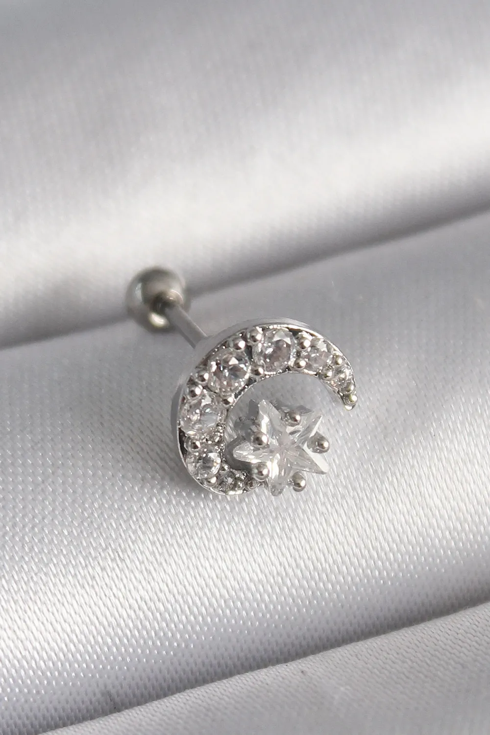 ietaks™ 316L Çelik Gümüş Renk Zirkon Taşlı Ay Yıldız Tragus Piercing