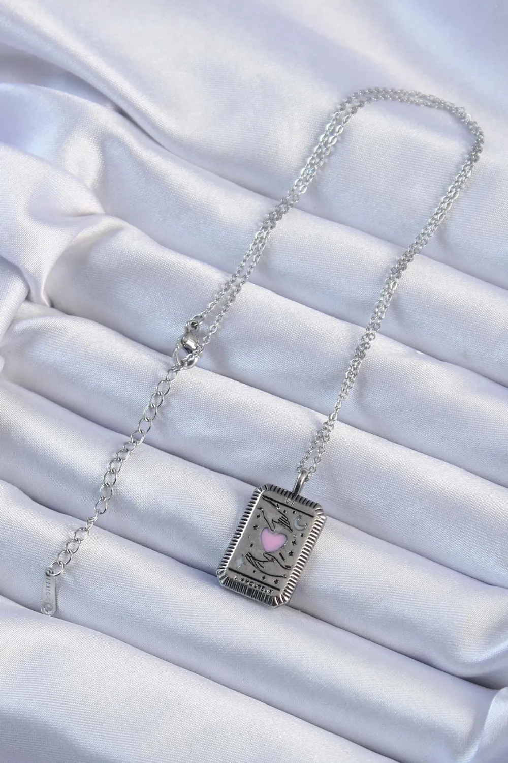 ietaks™ 316L Çelik Zincir Eskitme Gümüş Renk Pembe Mineli Kalp Figürlü Tarot Kolye
