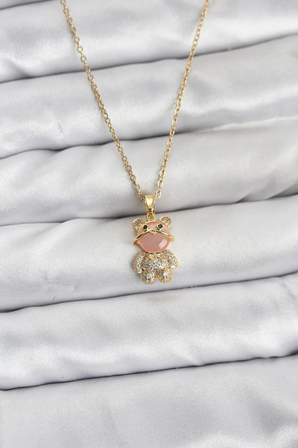 ietaks™ 316L Çelik Zincir Gold Renk Teddy Bear Model Zirkon Taşlı Kadın Kolye