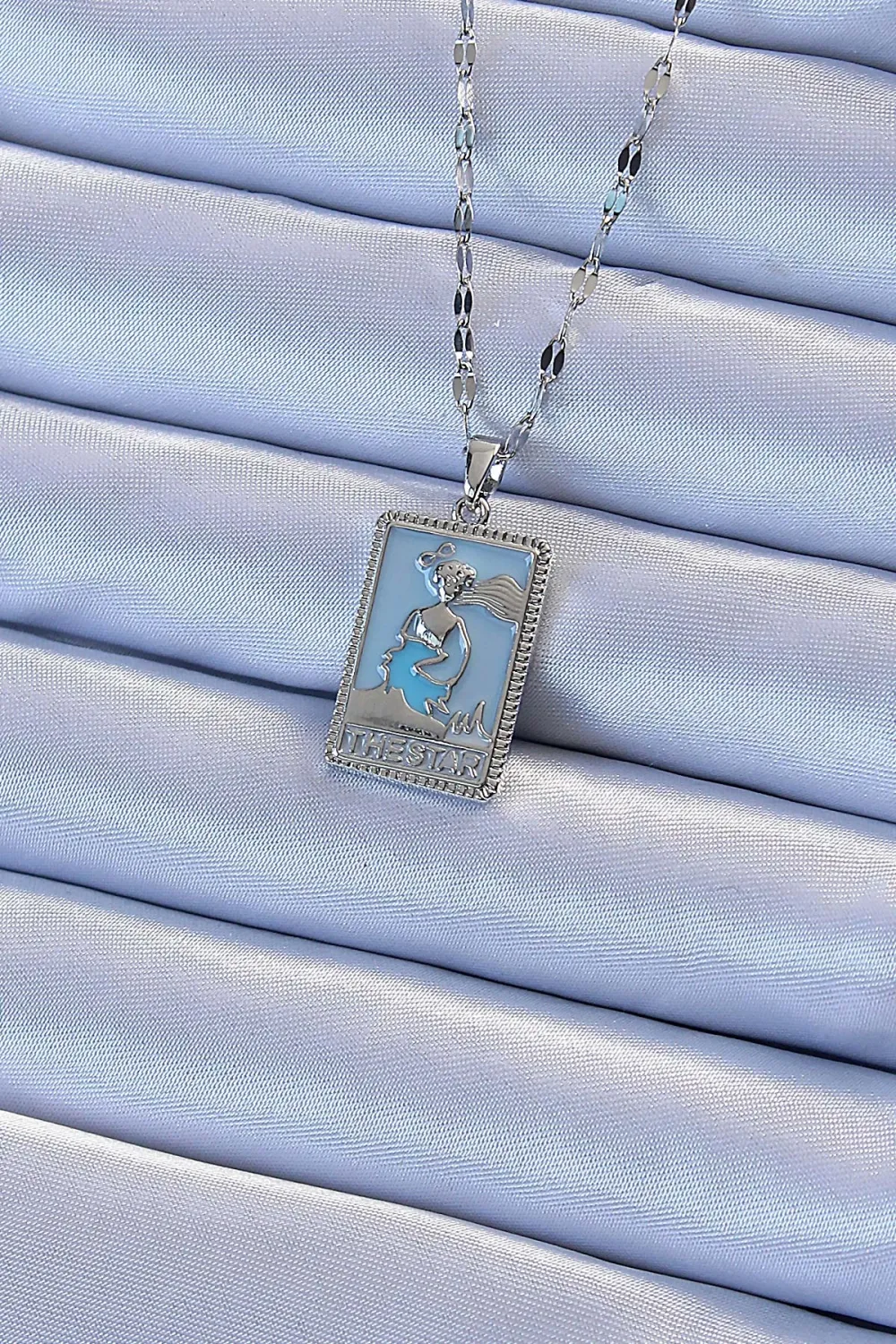 ietaks™ 316L Çelik Zincir Gümüş Renk Mavi Mineli Tarot Kolye