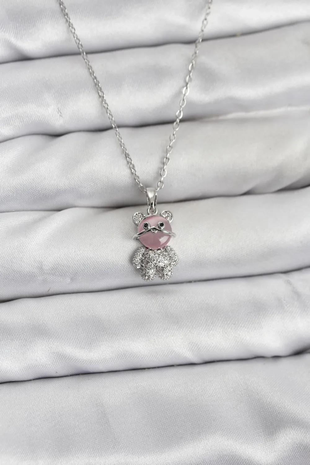 ietaks™ 316L Çelik Zincir Gümüş Renk Teddy Bear Model Zirkon Taşlı Kadın Kolye