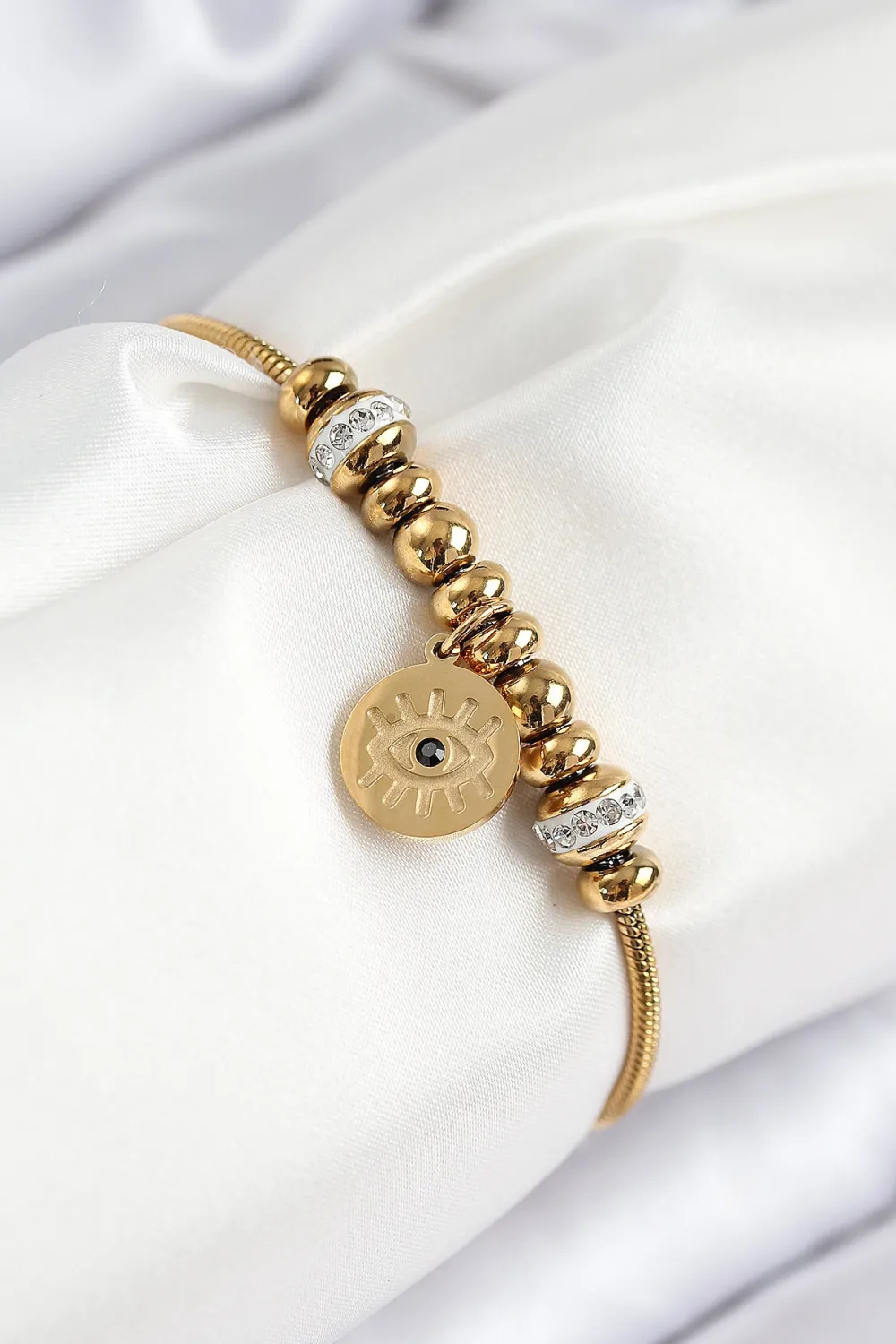 ietaks™ 316L Çelik Zirkon Taşlı Göz Charm Model Gold Renk Kadın Bileklik