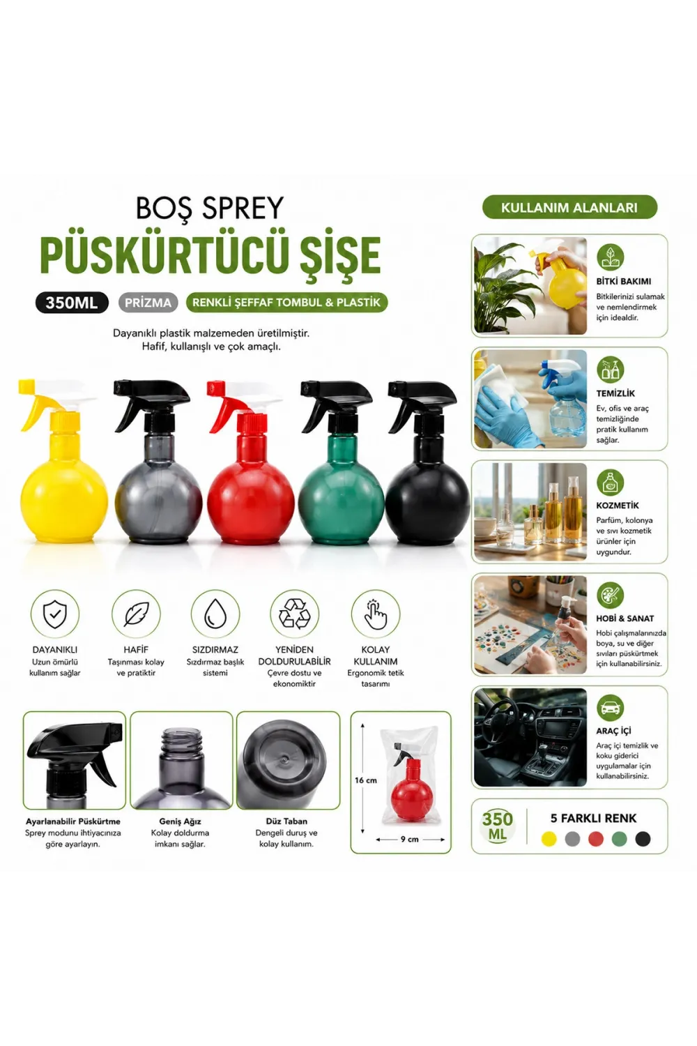 350ml Prizma Renkli Şeffaf Tombul - Plastik Boş Sprey Püskürtücü Şişe