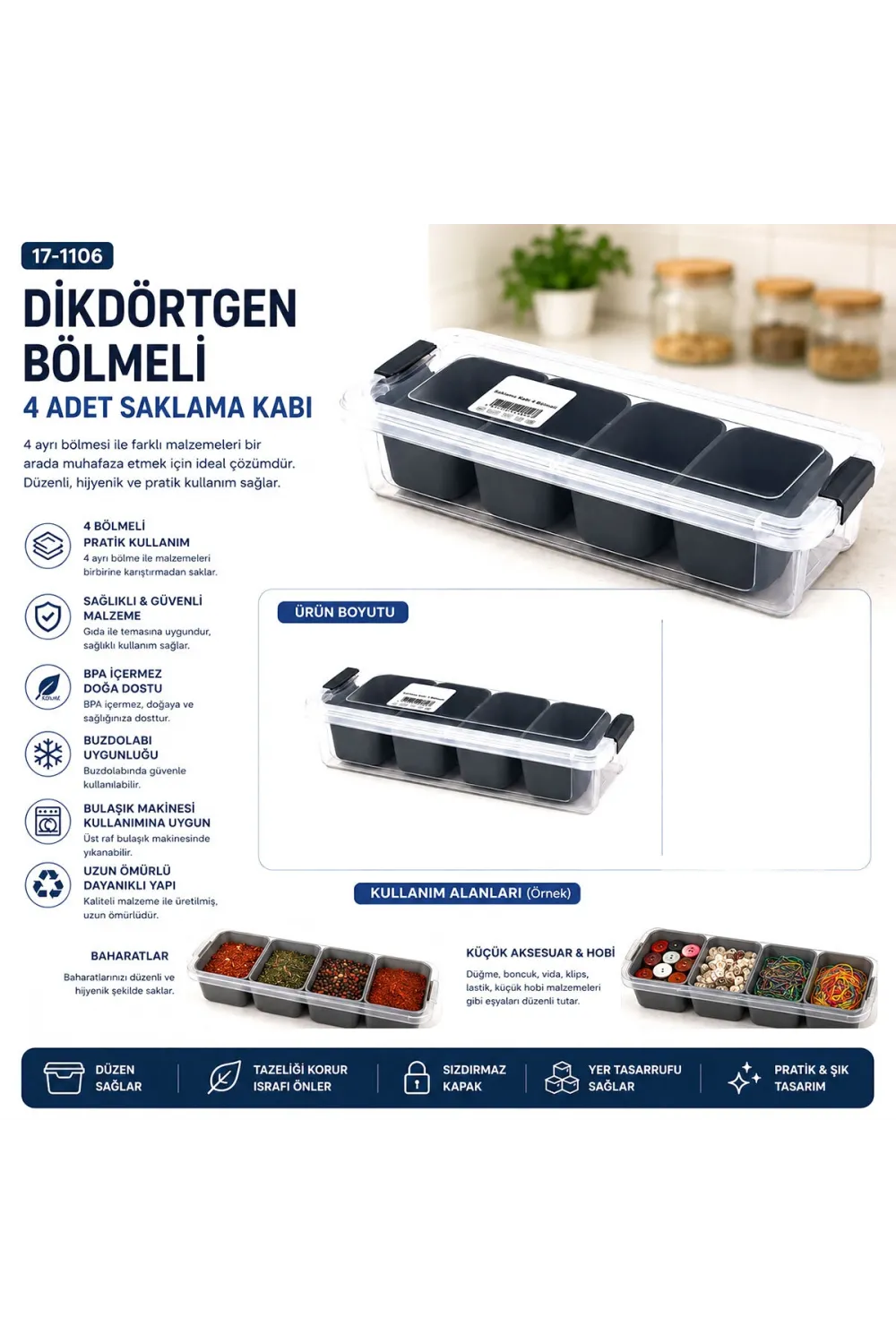 35x7cm Şeffaf Kutu - Siyah Bölme Dikdörtgen Bölmeli Saklama Kab