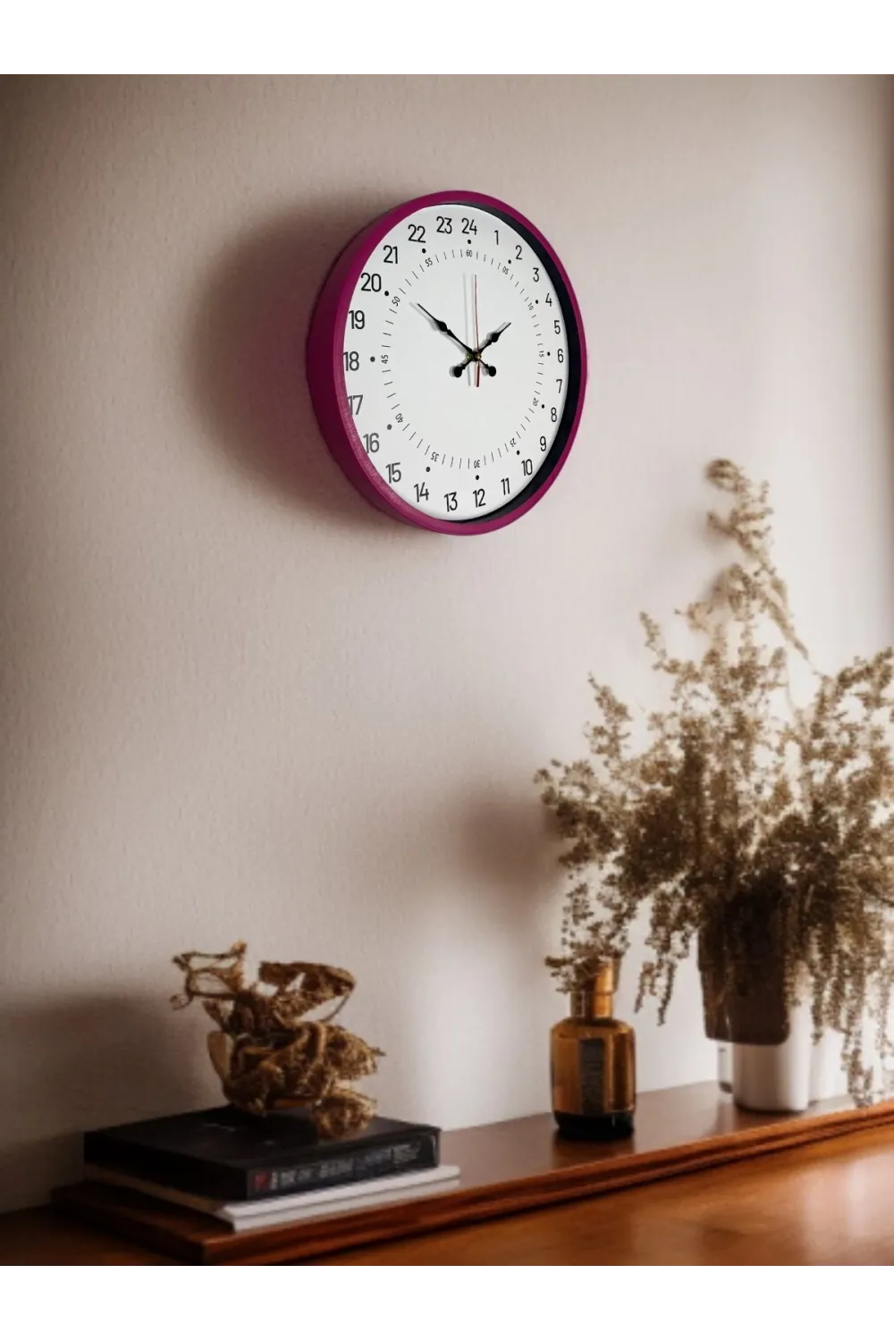 36 Cm Pembe 24 Saat Göstergeli Özel Tasarım Duvar Saati