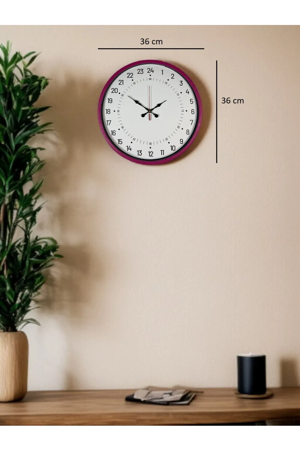 36 Cm Pembe 24 Saat Göstergeli Özel Tasarım Duvar Saati