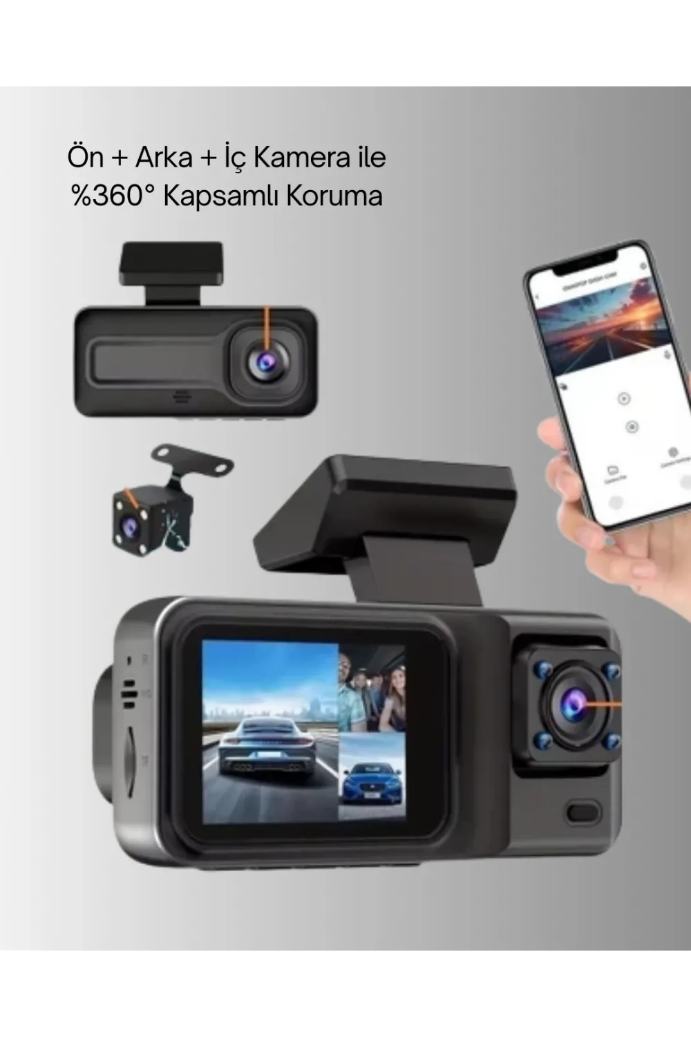 360° Kapsama Sahip Full Hd Araç Kamerası 3’lü Kayıt Gece Görüşlü Dashcam