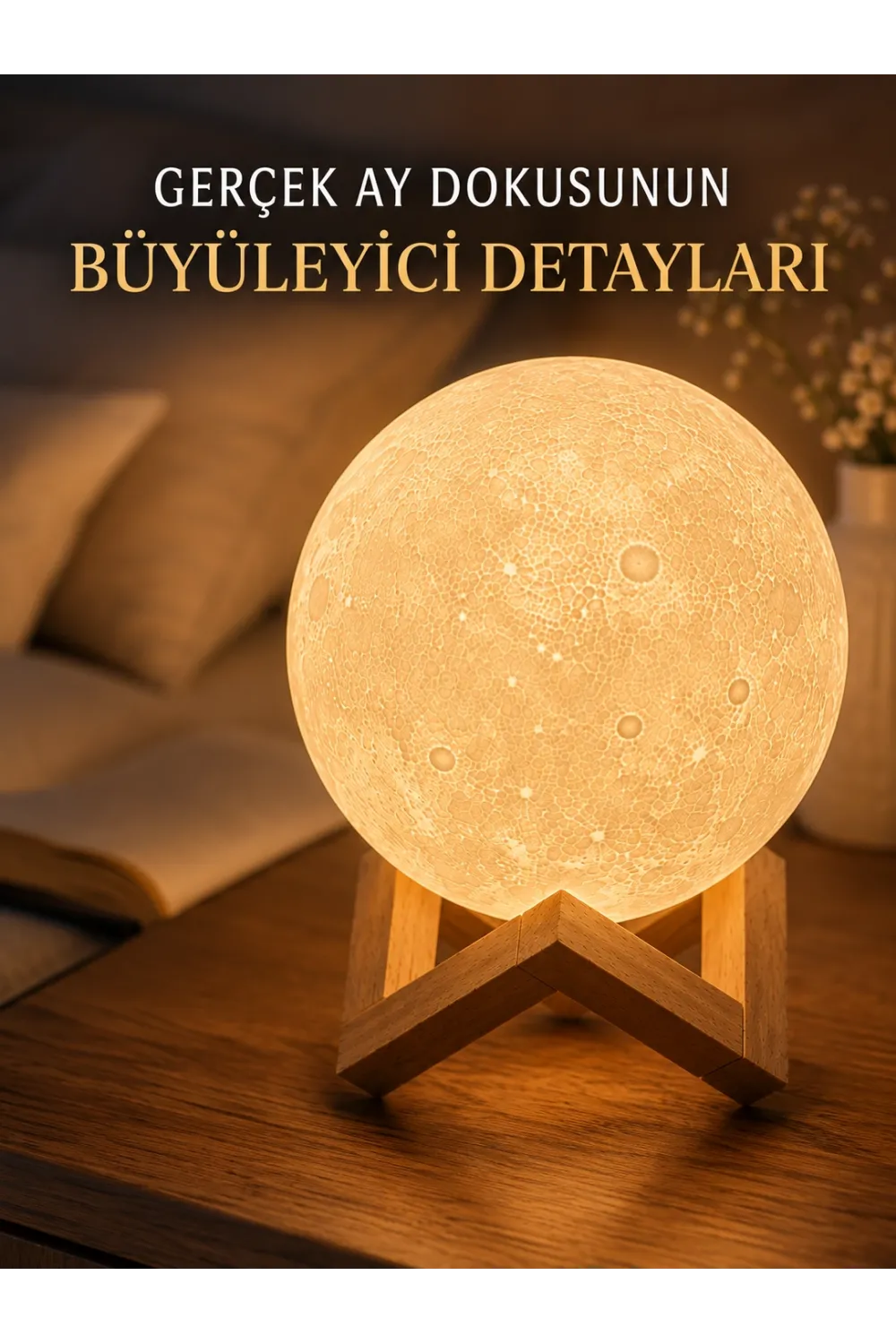 3d Ay Gece Lambası Ahşap Standlı Dekoratif Led Masa Lambası