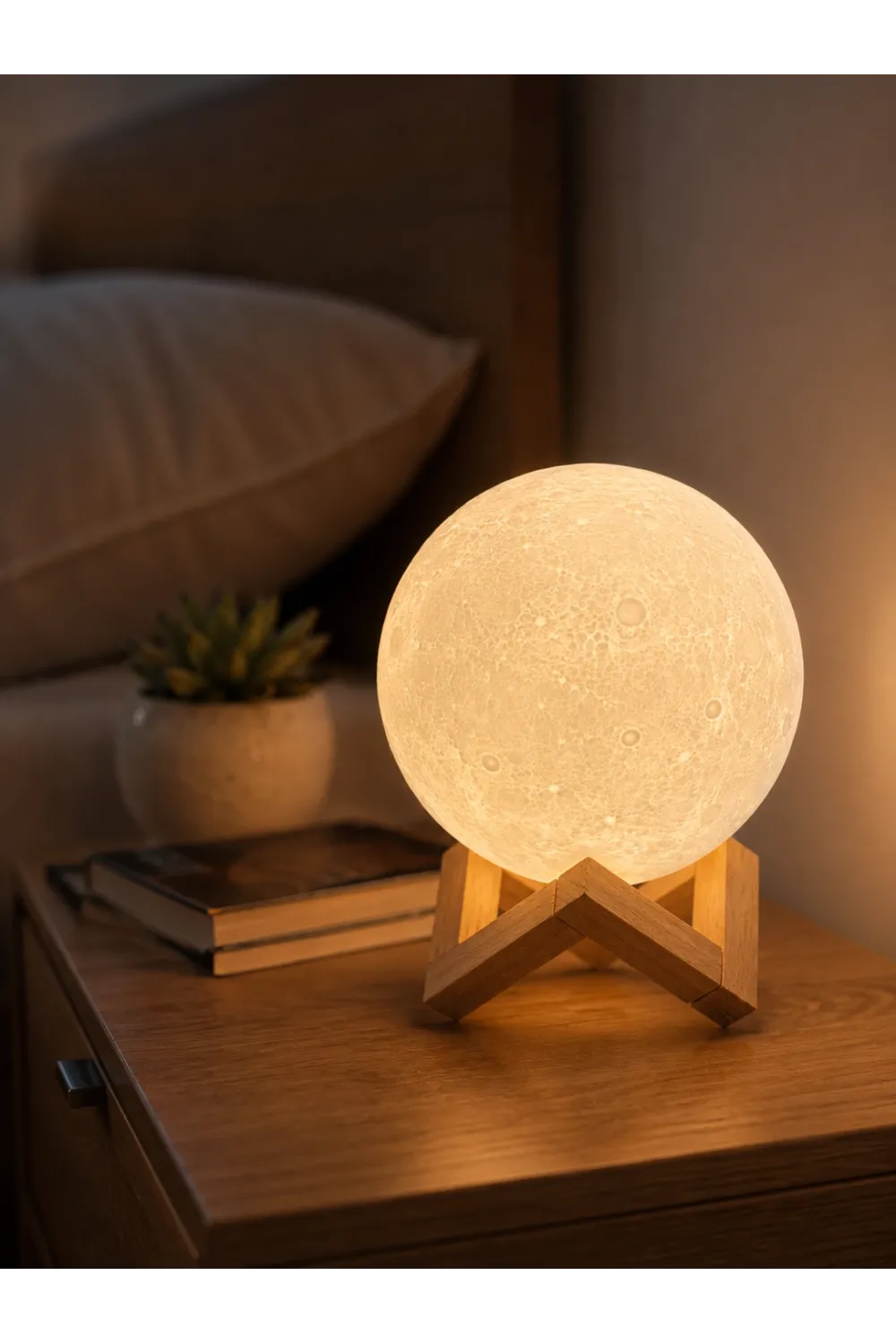 3d Ay Gece Lambası Ahşap Standlı Dekoratif Led Masa Lambası