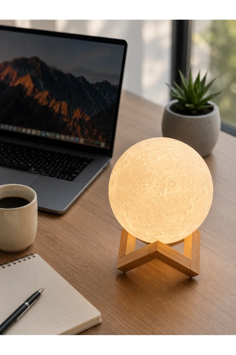 3d Ay Gece Lambası Ahşap Standlı Dekoratif Led Masa Lambası
