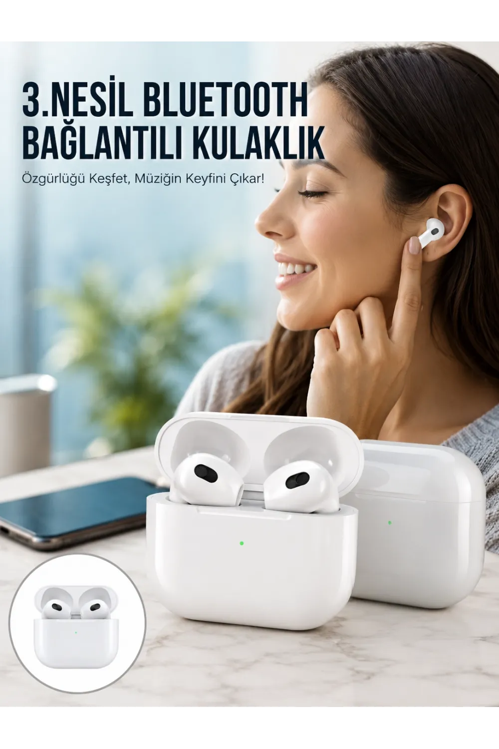 3.nesil İos Android Uyumlu Bluetooth 5.0 Beyaz Çağrı Cevaplama Yeni Nesil