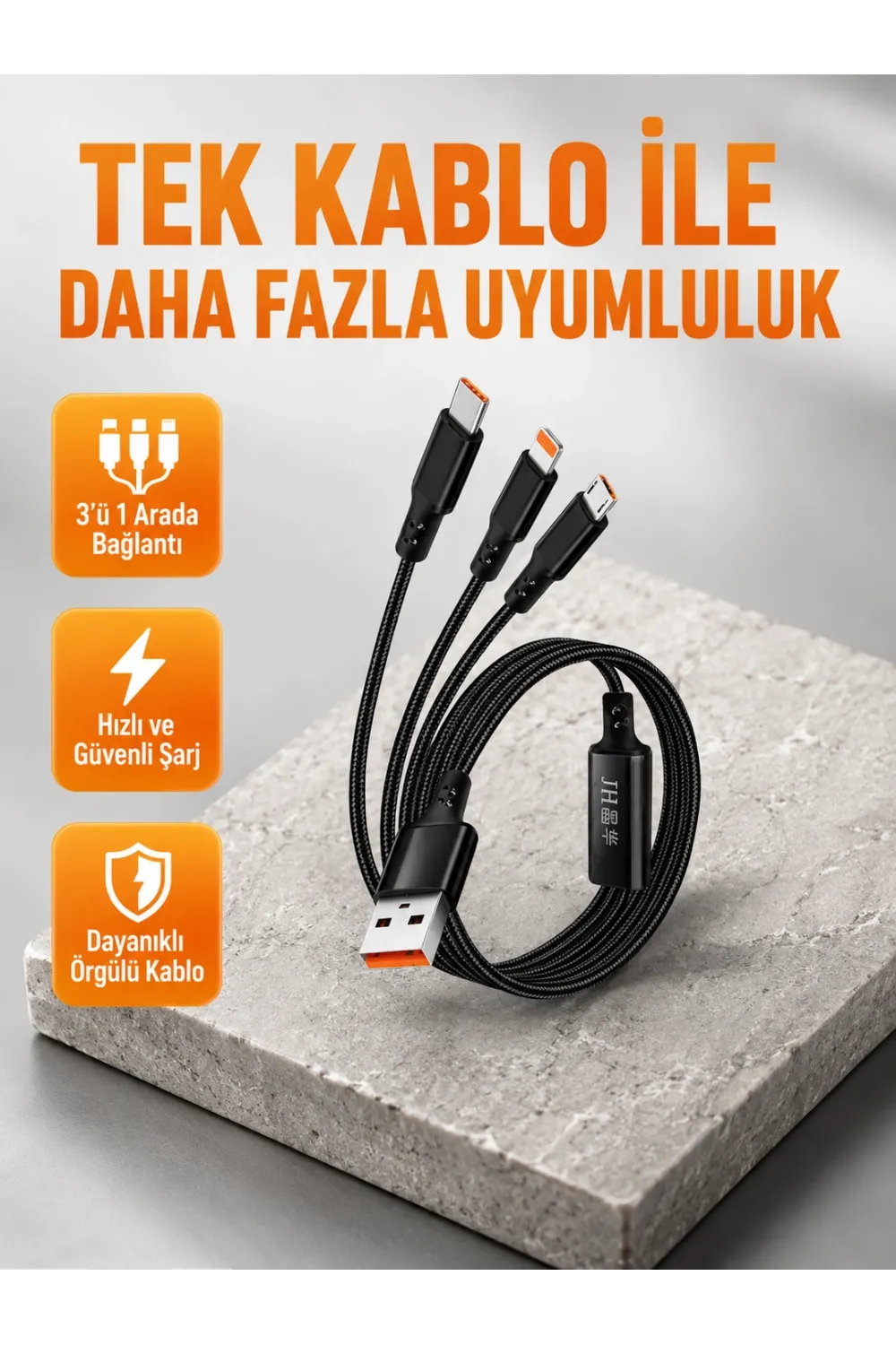 3’ü 1 Arada Şarj Kablosu Type-c İos Android Uyumlu Hızlı Ve Güvenli Şarj