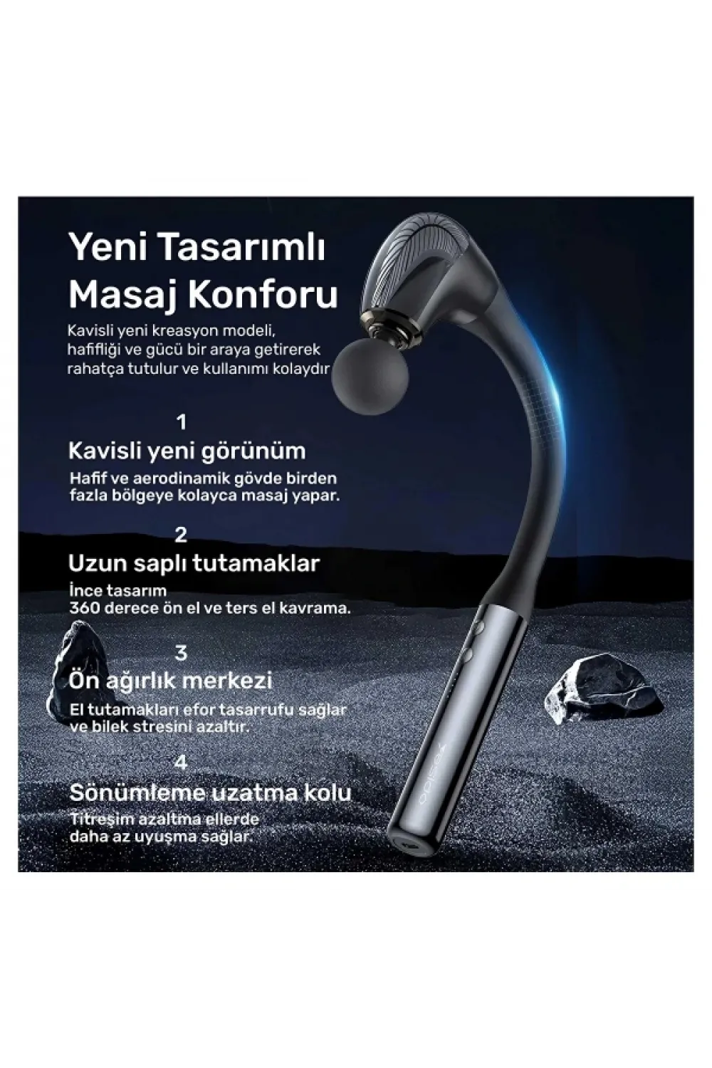 4 Başlıklı Uzun Saplı Ergonomik Profesyonel Sporcu Masaj Tabancası