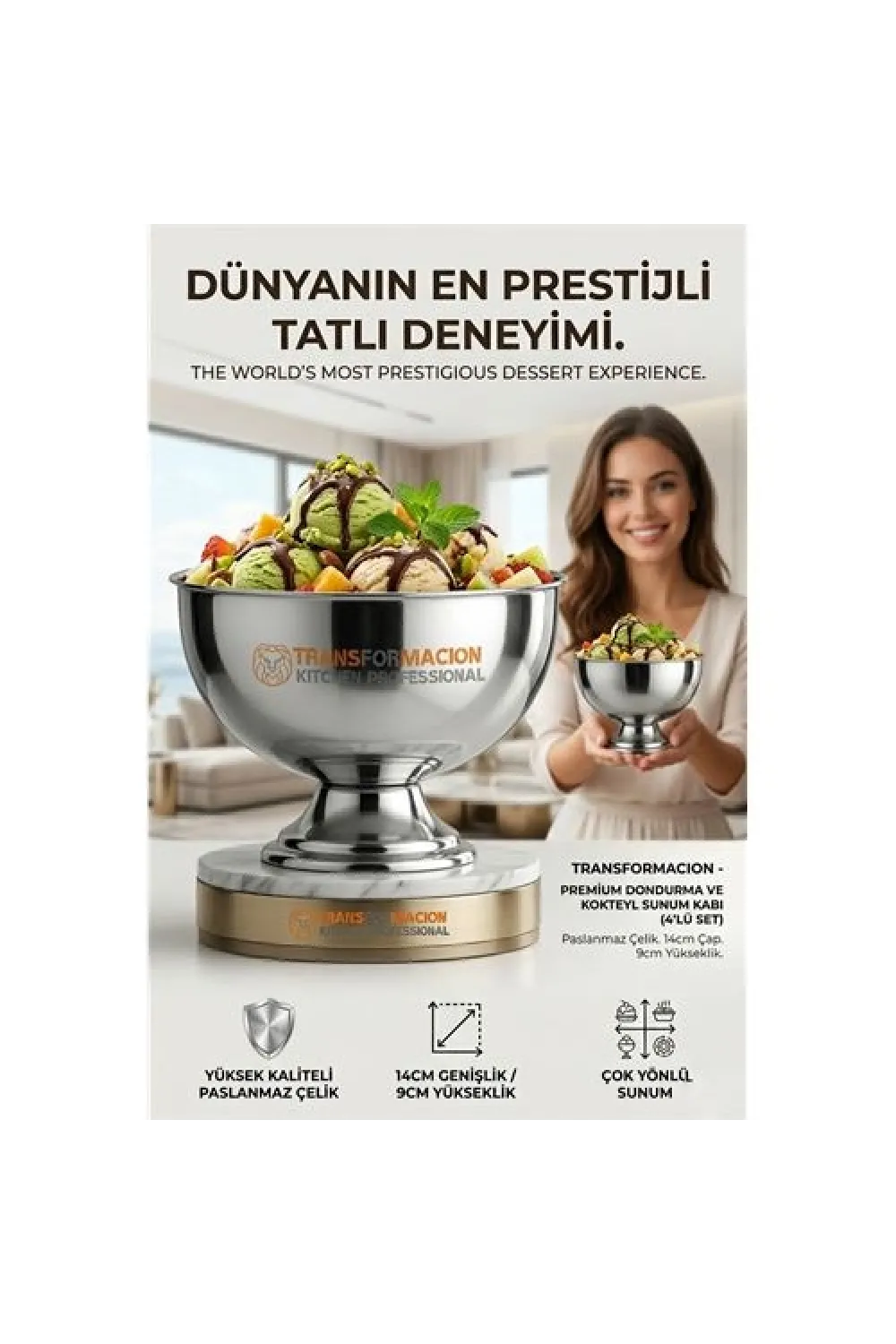 4 lü  Ayaklı Dondurma Tatlı Kokteyl ve Sunum Kasesi -  Paslanmaz Çelik 14 cm 723027