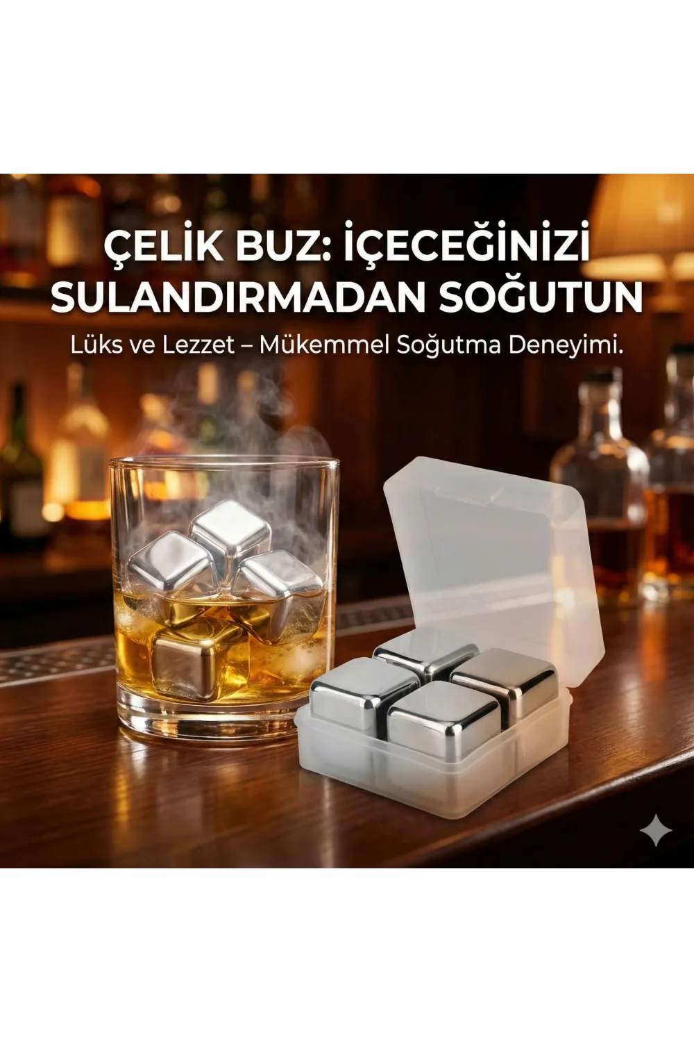 4lü Çelik Metal Kaplama Viski Taşı Soğutma Buz Küpü
