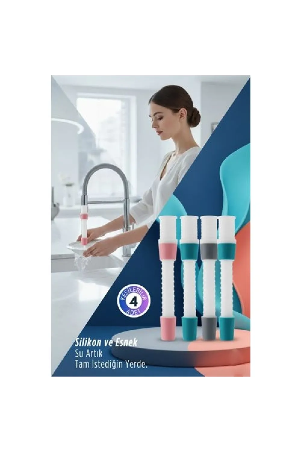 4 LÜ Silikon Esnek Musluk Uzatıcı – 14.5 cm Lavabo ve Mutfak Batarya Başlığı