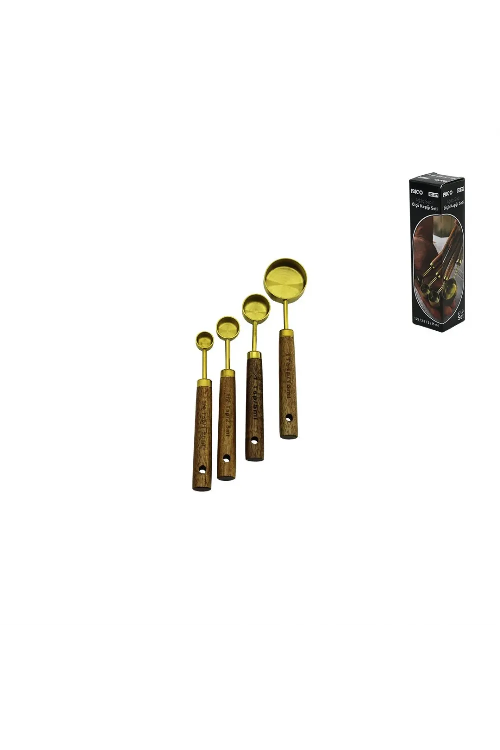 4 Pcs Gold Metal Ölçü Kaşık Seti Otantik Ağaç Kulp 15ml - 5ml - 2.5ml - 1.25ml