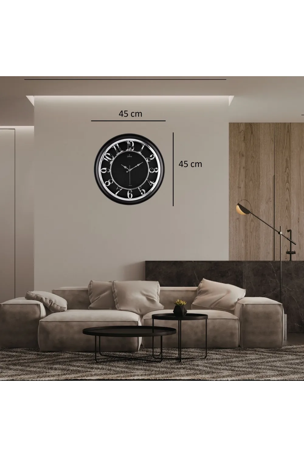 45 Cm Siyah Çerçeve Kabartma Gümüş Rakam Duvar Saati