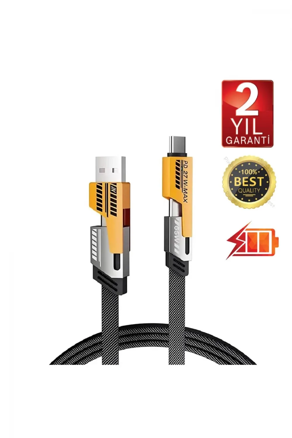 4in1 Pd 65 Watt Type-c/27 Watt İphone Halat Örgü Kırılmaz Uç 1mt Hızlı Şarj Ve Data Kablosu Fp98