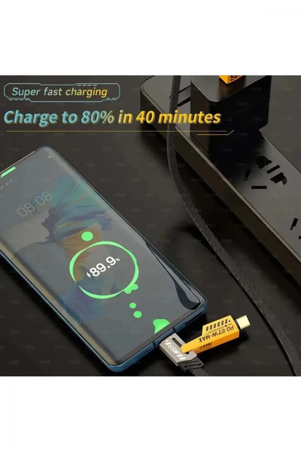 4in1 Pd 65 Watt Type-c/27 Watt İphone Halat Örgü Kırılmaz Uç 1mt Hızlı Şarj Ve Data Kablosu Fp98