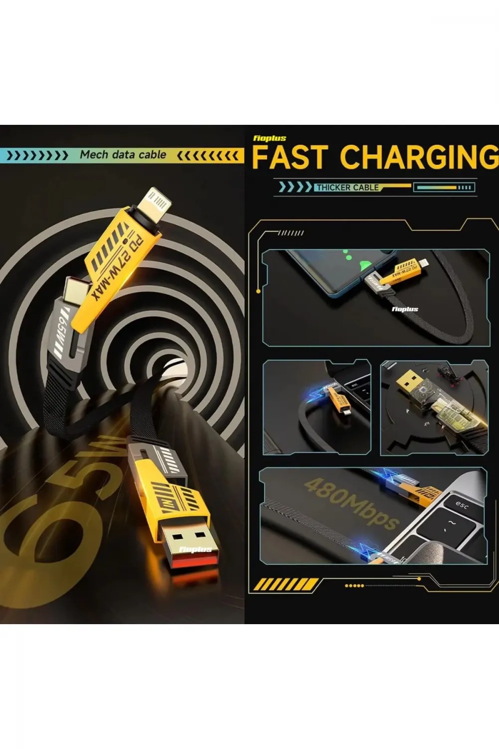 4in1 Pd 65 Watt Type-c/27 Watt İphone Halat Örgü Kırılmaz Uç 1mt Hızlı Şarj Ve Data Kablosu Fp98