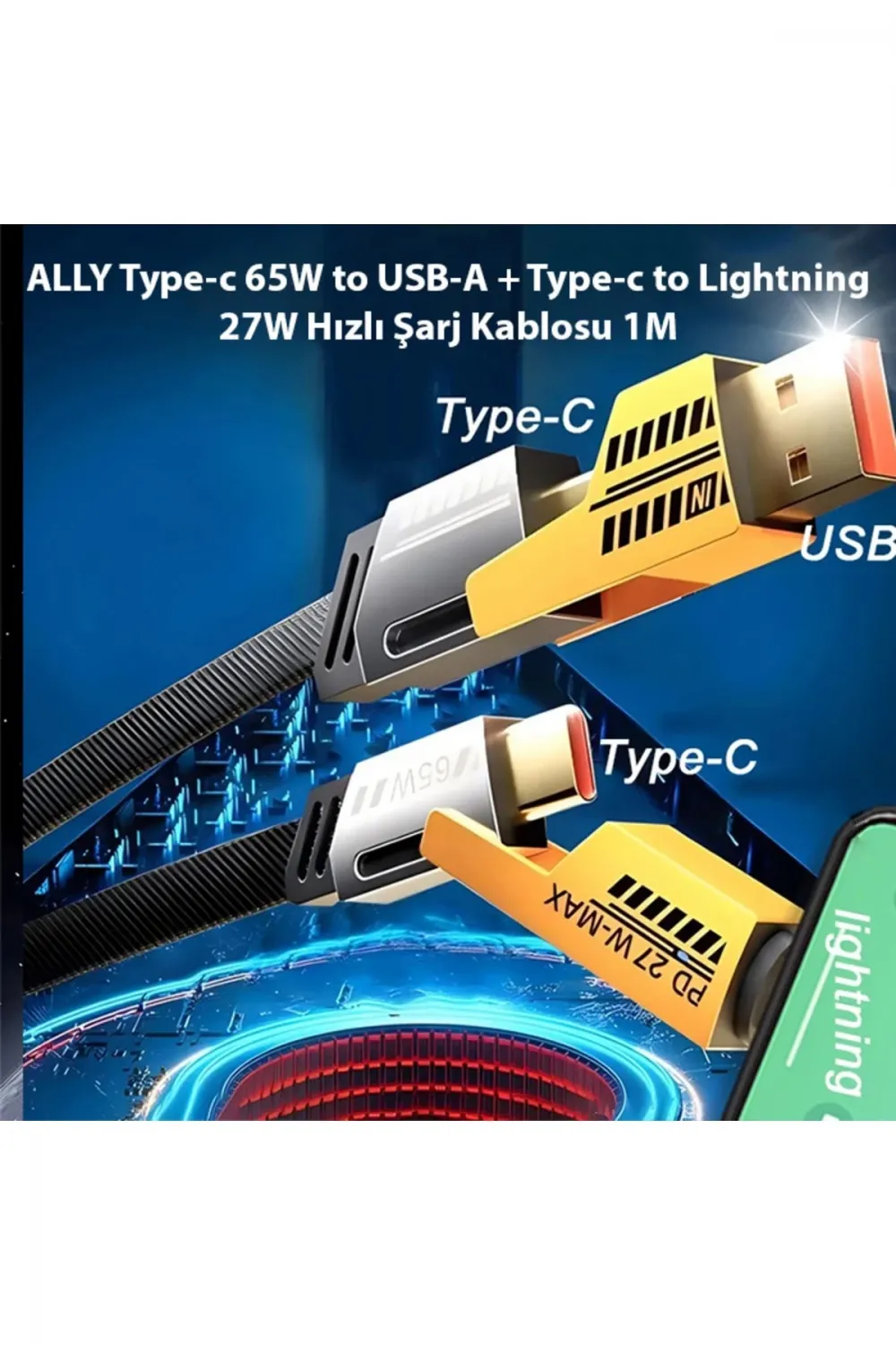 4in1 Type-c 65w To Usb-a + Type-c To Lightning 27w Hızlı Şarj Kablosu Siyah