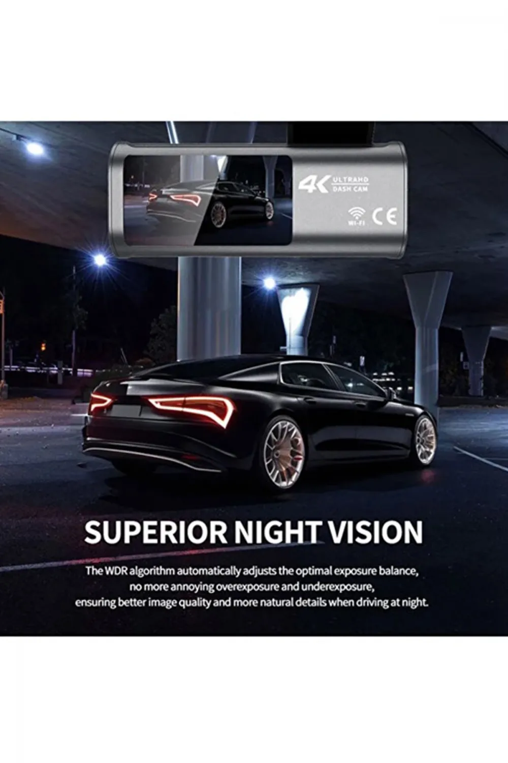 4k Wifi Çift Kameralı Araç Kamerası Gece Görüşlü G-sensörlü Dash Cam 170 Derece