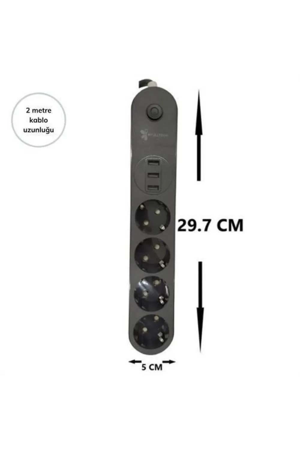 4lü Siyah Anahtarlı 3 Usb Li Akım Korumalı Topraklı Çocuk Korumalı Grup Priz 2 Metre