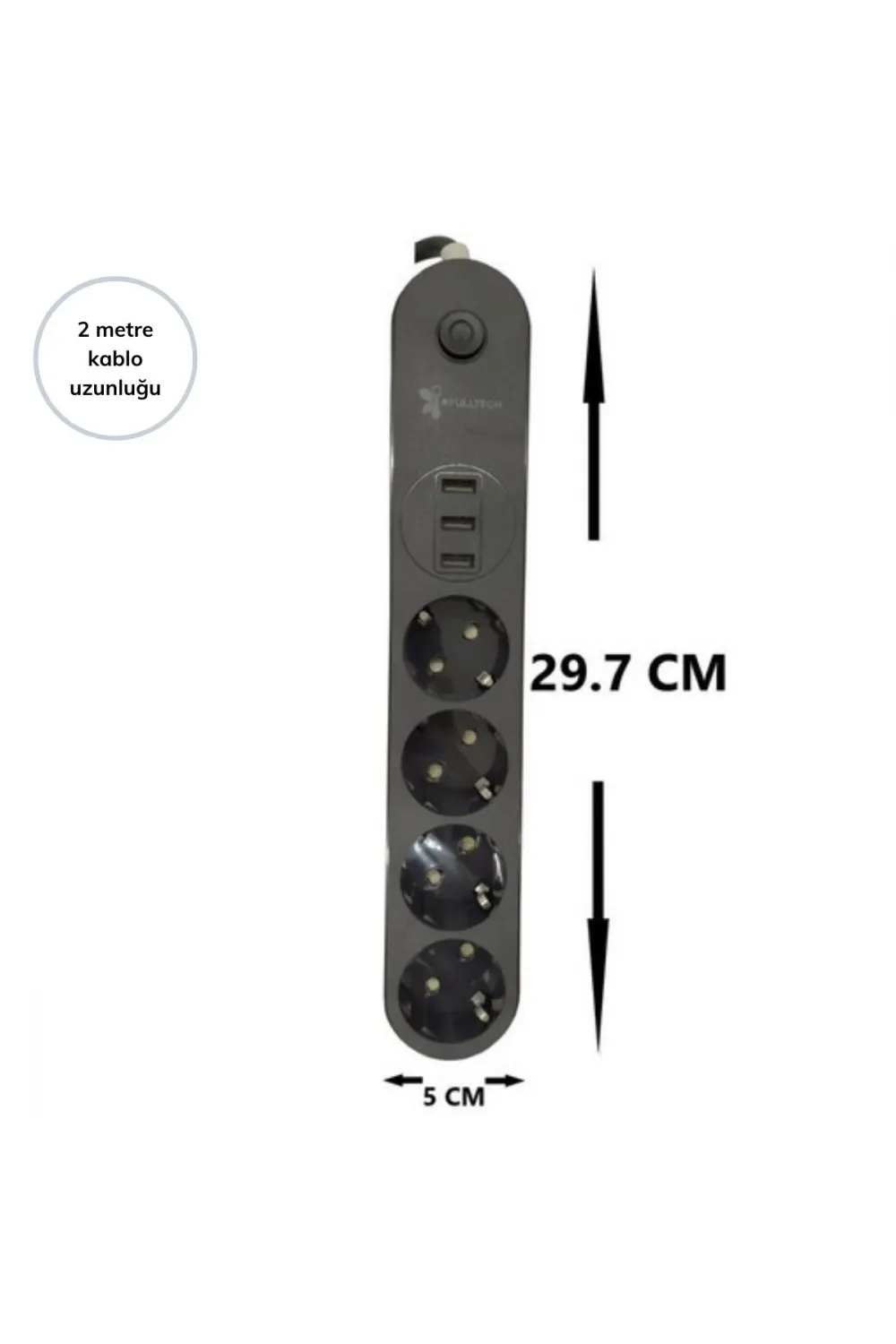 4lü Siyah Anahtarlı 3 USB Li Akım Korumalı Topraklı Çocuk Korumalı Grup Priz 2 Metre