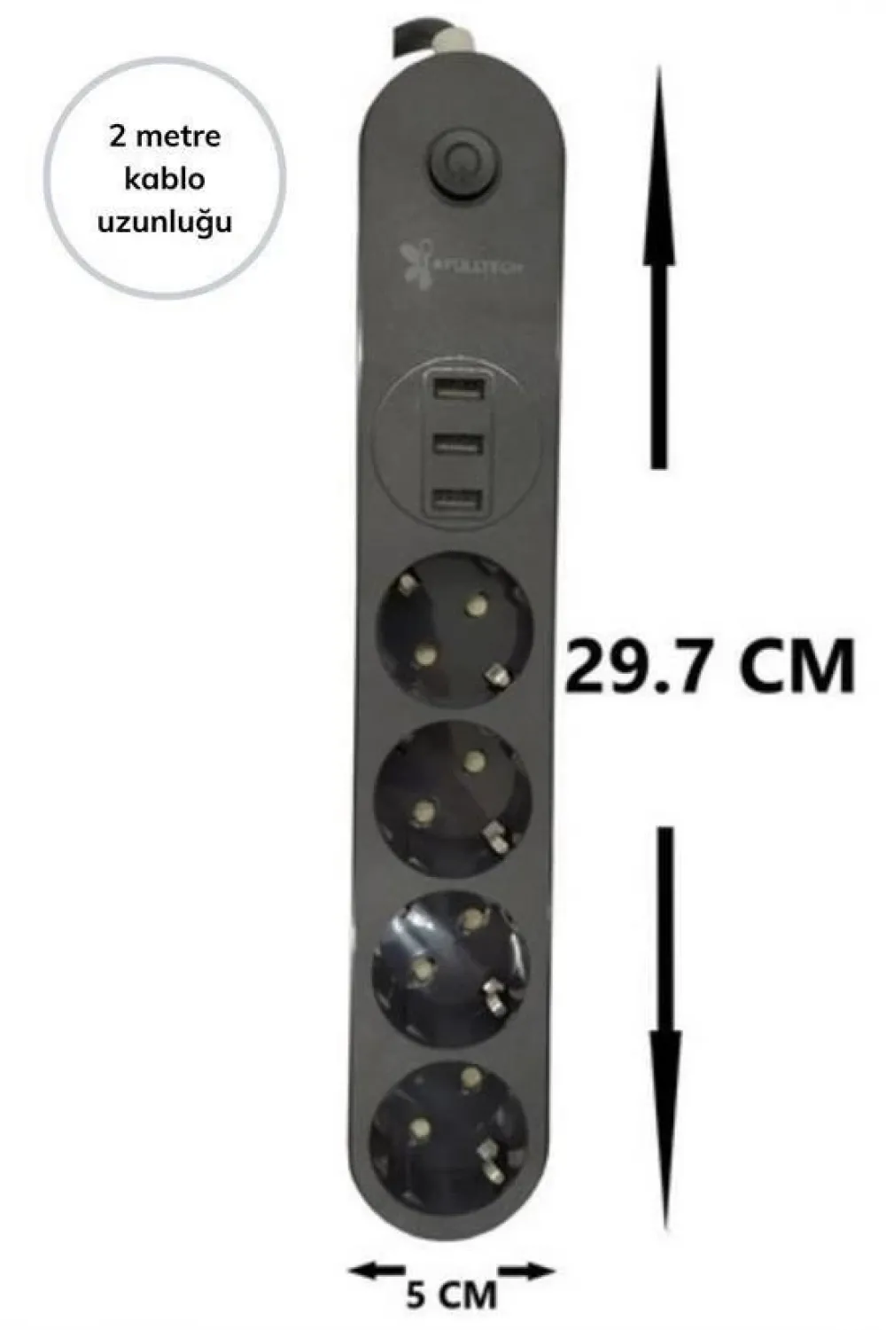 4lü Siyah Anahtarlı 3 Usb Li Akım Korumalı Topraklı Çocuk Korumalı Grup Priz 2 Metre